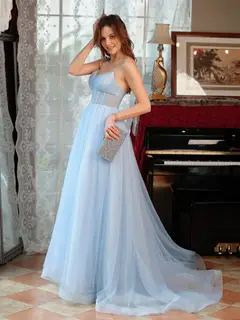 A-Line/Princess Spaghetti Straps Split Side Sleeveless Long Prom Dresses — view 5