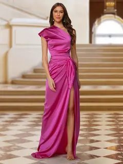 Sheath/Column One-Shoulder Silk Satin Ruched Evening Dresses with Split Side — view 1