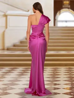 Sheath/Column One-Shoulder Silk Satin Ruched Evening Dresses with Split Side — view 2