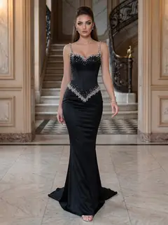 Trumpet/Mermaid Spaghetti Straps Sleeveless Floor-Length Evening Dresses with Beading — view 1