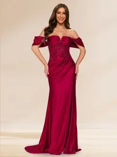 Sheath/Column Off-the-Shoulder Sweep Brush Train Evening Dresses with Split Side & Appliques — view 1