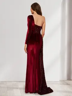 Sheath/Column One-Shoulder Floor-Length Velvet Evening Dresses with Sequins & Split Side — LV53830658 — view 2