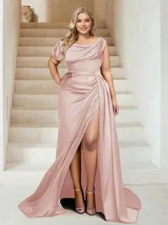 Trumpet/Mermaid Off-the-Shoulder Sweep Train Plus Size Bridesmaid Dresses with Split Side & Ruffles — view 4