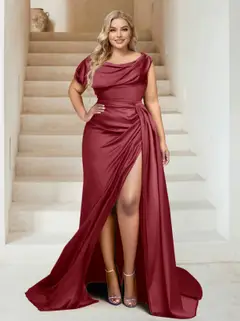 Trumpet/Mermaid Off-the-Shoulder Sweep Train Plus Size Bridesmaid Dresses with Split Side & Ruffles — view 48