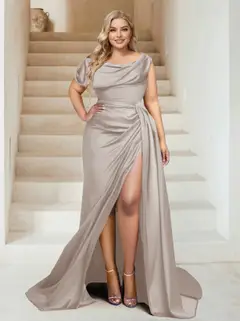 Trumpet/Mermaid Off-the-Shoulder Sweep Train Plus Size Bridesmaid Dresses with Split Side & Ruffles — view 61