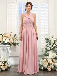 A-Line/Princess V-Neck Sleeveless Floor-Length Bridesmaid Dresses with Ruched — view 1