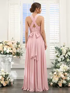 A-Line/Princess V-Neck Sleeveless Floor-Length Bridesmaid Dresses with Ruched — view 2