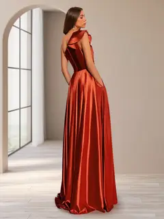 A-Line/Princess One-Shoulder Sleeveless Floor-Length Ruched Evening Dresses with Side Slit — view 2