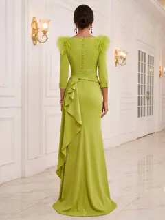 Trumpet/Mermaid 3/4 Sleeves V Neck Floor-Length Evening Dresses with Ruched & Ruffles — view 2