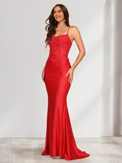 Trumpet/Mermaid Spaghetti Straps Ruched Satin Evening Dresses with Appliques — view 1