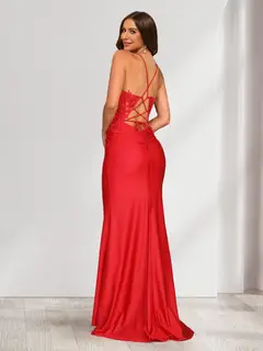 Trumpet/Mermaid Spaghetti Straps Ruched Satin Evening Dresses with Appliques — view 2