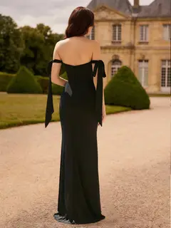 Sheath/Column Off-the-Shoulder Long Prom Dresses with Split Side & Bowknot — view 2