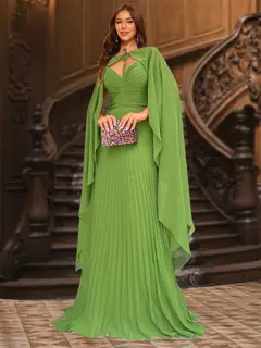 A-Line/Princess Straps Pleated Evening Dresses with Overlay Cap — view 1