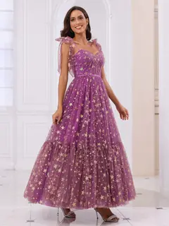 A-Line/Princess Spaghetti Straps Long Prom Dresses with Ruffles — view 6