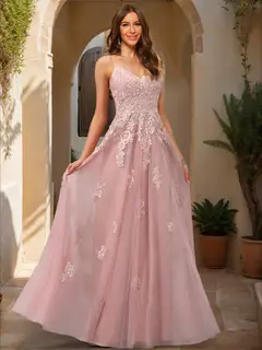 A-Line/Princess V-Neck Sleeveless Applique Prom Dresses — LV00896770 — view 1