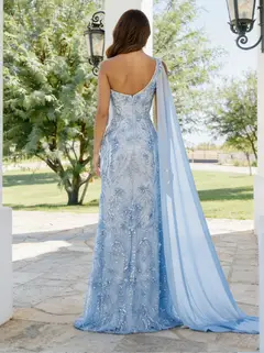 Trumpet/Mermaid One-Shoulder Sleeveless Long Prom Dresses with Appliques & Split Side — view 2