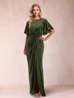 Sheath/Column Scoop Short Sleeves Evening Dresses with Split Side & Ruffles — view 1