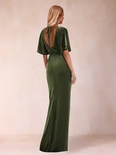 Sheath/Column Scoop Short Sleeves Evening Dresses with Split Side & Ruffles — view 2