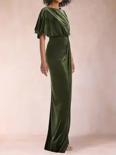 Sheath/Column Scoop Short Sleeves Evening Dresses with Split Side & Ruffles — view 3