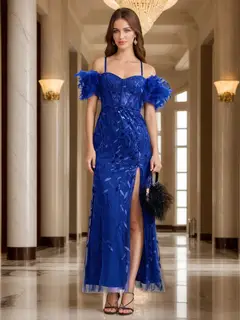 Sheath/Column Off-the-Shoulder Spaghetti Straps Long Formal Evening Dresses with Feather & Applique — view 1