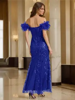 Sheath/Column Off-the-Shoulder Spaghetti Straps Long Formal Evening Dresses with Feather & Applique — view 2