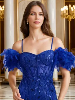 Sheath/Column Off-the-Shoulder Spaghetti Straps Long Formal Evening Dresses with Feather & Applique — view 3