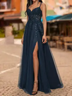 A-Line/Princess V-Neck Sleeveless Lace Prom Dresses — view 3