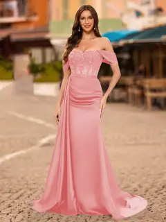 Trumpet/Mermaid Off-the-Shoulder Short Sleeves Sequins Prom Dresses — view 53