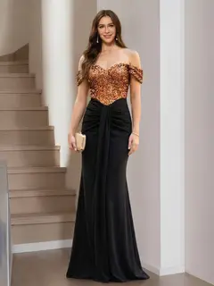Trumpet/Mermaid Off-the-Shoulder Floor-Length Long Prom Dresses with Pleats & Sequins — view 1