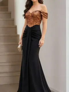 Trumpet/Mermaid Off-the-Shoulder Floor-Length Long Prom Dresses with Pleats & Sequins — view 3