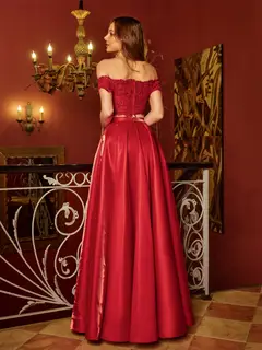 A-Line/Princess Off-the-Shoulder Applique Two Piece Long Prom Dresses — view 2