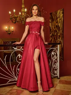 A-Line/Princess Off-the-Shoulder Applique Two Piece Long Prom Dresses — view 3