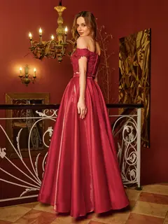 A-Line/Princess Off-the-Shoulder Applique Two Piece Long Prom Dresses — view 6