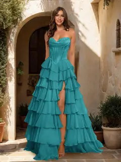A-Line/Princess Sweetheart Ruffle Tiered Prom Dresses with Split Side — view 4