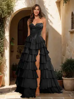 A-Line/Princess Sweetheart Ruffle Tiered Prom Dresses with Split Side — view 5
