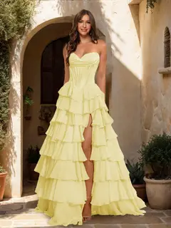 A-Line/Princess Sweetheart Ruffle Tiered Prom Dresses with Split Side — view 10