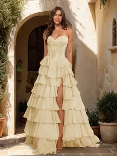 A-Line/Princess Sweetheart Ruffle Tiered Prom Dresses with Split Side — view 11