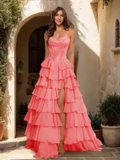 A-Line/Princess Sweetheart Ruffle Tiered Prom Dresses with Split Side — view 12
