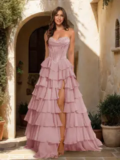 A-Line/Princess Sweetheart Ruffle Tiered Prom Dresses with Split Side — view 16