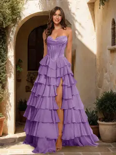 A-Line/Princess Sweetheart Ruffle Tiered Prom Dresses with Split Side — view 17