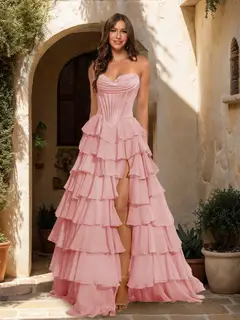 A-Line/Princess Sweetheart Ruffle Tiered Prom Dresses with Split Side — view 18
