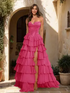 A-Line/Princess Sweetheart Ruffle Tiered Prom Dresses with Split Side — view 22