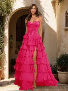 A-Line/Princess Sweetheart Ruffle Tiered Prom Dresses with Split Side — view 23