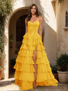 A-Line/Princess Sweetheart Ruffle Tiered Prom Dresses with Split Side — view 24