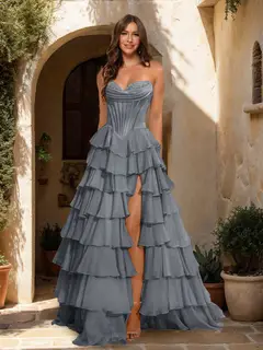 A-Line/Princess Sweetheart Ruffle Tiered Prom Dresses with Split Side — view 26