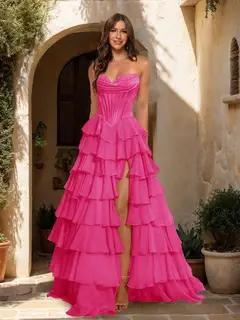 A-Line/Princess Sweetheart Ruffle Tiered Prom Dresses with Split Side — view 28