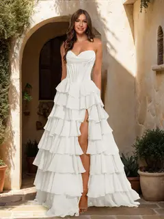 A-Line/Princess Sweetheart Ruffle Tiered Prom Dresses with Split Side — view 29