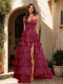 A-Line/Princess Sweetheart Ruffle Tiered Prom Dresses with Split Side — view 32
