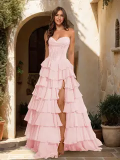 A-Line/Princess Sweetheart Ruffle Tiered Prom Dresses with Split Side — view 34