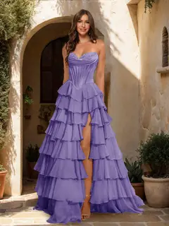 A-Line/Princess Sweetheart Ruffle Tiered Prom Dresses with Split Side — view 35